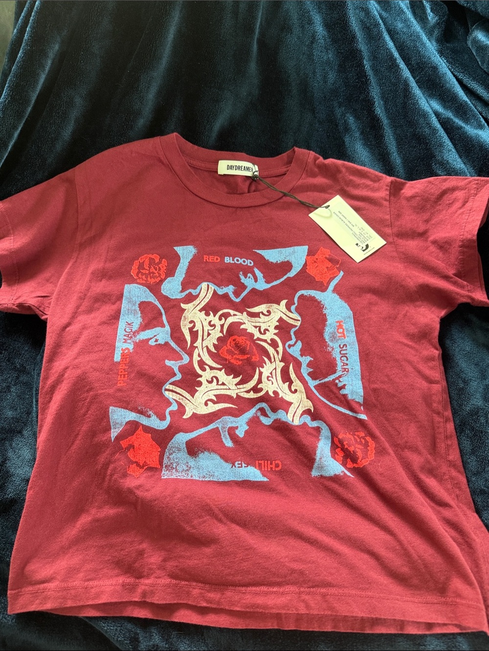 Daydreamer Red Short Sleeve Tee with Blue and Cream Graphic